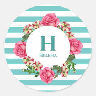 Waterverf Roze Rood Witte Petunias Monogram Ronde Sticker