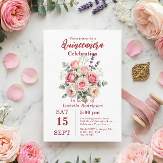 Waterverf Roze Roos Bloemige Quinceañera Kaart