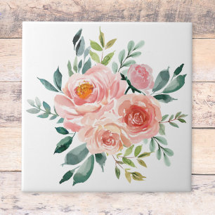 Waterverf Roze Roos Pioen Bloemen Boeket Tegeltje