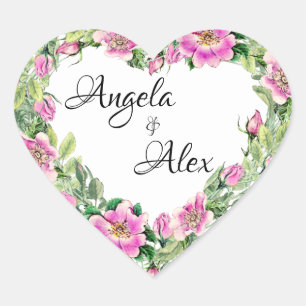 Waterverf Roze Roos Rand Bruid en Bruidegom Hart Sticker