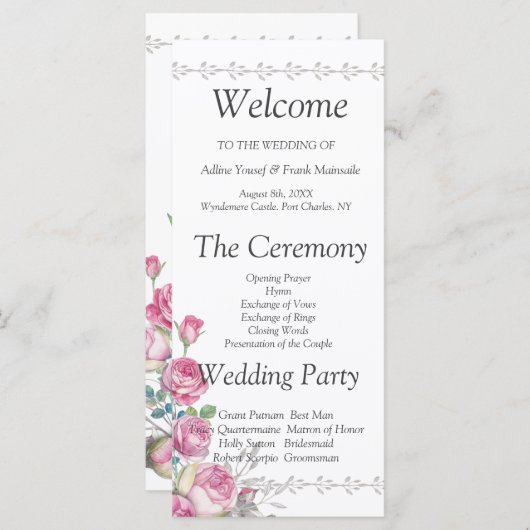 Waterverf Roze Roos Trouwprogramma (Voorkant / Achterkant)