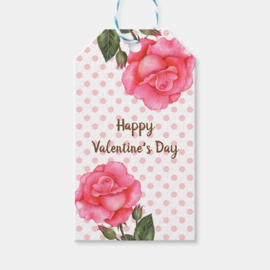 Waterverf Roze Rose Polka Dot Valentijnsdag Cadeaulabel (Voorkant)