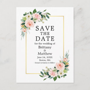 Waterverf Roze Roses Gold Lijst sparen de datum Briefkaart