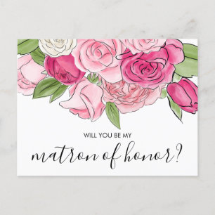 Waterverf roze Roses My Matron of Honor Briefkaart