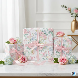 Waterverf Roze Rozen Blauwe Bloemslingers & Strikk Cadeaupapier