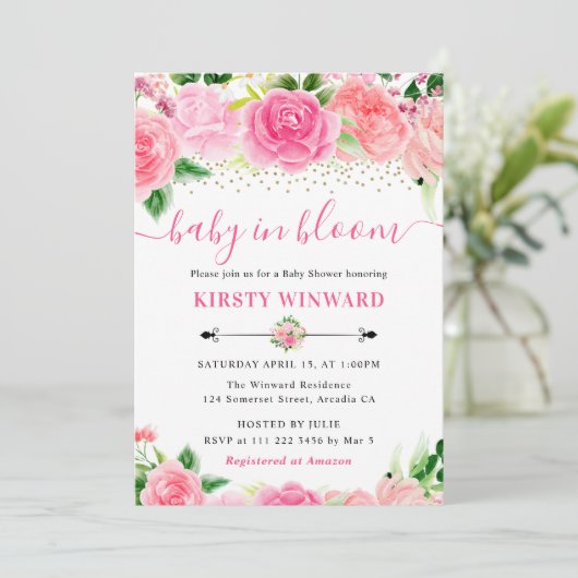 Waterverf Roze Rozen Bloemen Baby shower Kaart (Staand voorkant)
