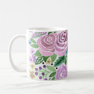 Waterverf roze rozen bloemen groene bladeren wit e koffiemok