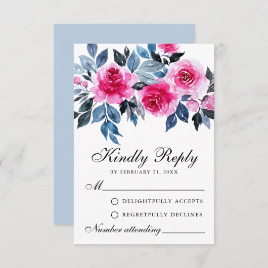 Waterverf roze rozen botanische bruiloft RSVP Kaar Advieskaart (Voorkant / Achterkant)