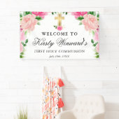 Waterverf Roze Rozen Eerste Heilige Communie Spandoek (Insitu)