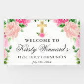 Waterverf Roze Rozen Eerste Heilige Communie Spandoek (Horizontaal)