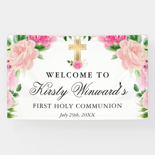 Waterverf Roze Rozen Eerste Heilige Communie Spandoek (Horizontaal)