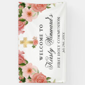 Waterverf Roze Rozen Eerste Heilige Communie Spandoek (Verticaal)