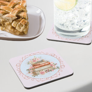 Waterverf Roze Rozen en Boeken Bloemstuk Bier Onderzetter