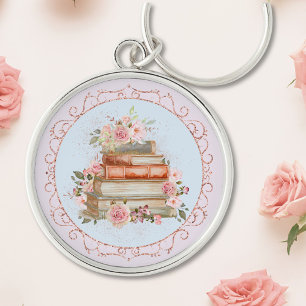 Waterverf Roze Rozen en Boeken Bloemstuk Sleutelhanger