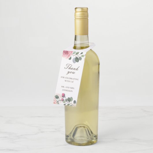 Waterverf roze rozen. Floral bruiloft bedankt Flessenhanger (Schuin)