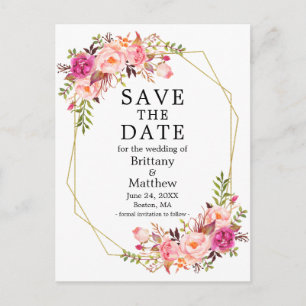 Waterverf Roze Rozen Geo Lijst Save The Date Briefkaart