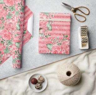 Waterverf Roze Rozen & Glitter Strepen Cadeaupapier