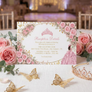 Waterverf Roze Rozen Gouden Vlinder Quinceañera Informatiekaartje