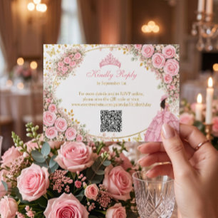 Waterverf Roze Rozen Gouden Vlinder Quinceañera RSVP Kaartje