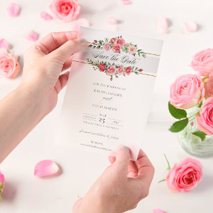 Waterverf Roze Rozen & Kalligrafie Save the Date Vellum Uitnodigingen