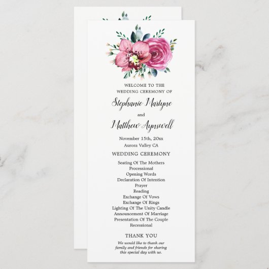 Waterverf Roze Rozen Orchideeën Trouwceremonie Programma (Voorkant / Achterkant)