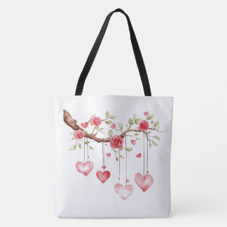 Waterverf Roze Rozen Tak Met Hangende Hartjes Draagtas