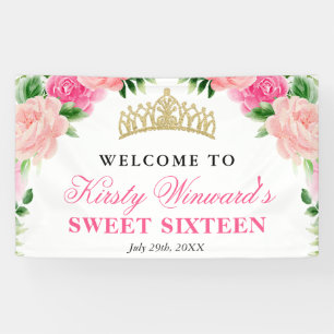 Waterverf Roze Rozen Welkom Sweet Sixteen Spandoek
