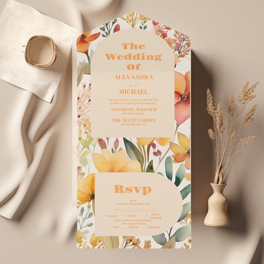 Waterverf Roze Sinaasappel Wildflowers Bruiloft All In One Uitnodiging