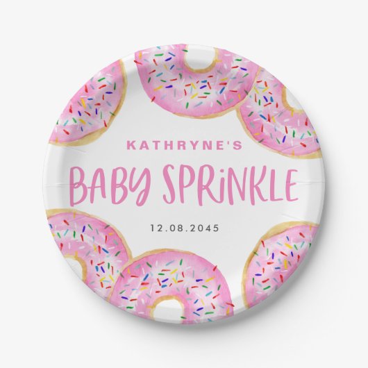 Waterverf Roze Sprinkle Donuts Baby Sprinkle Papieren Bordje (Voorkant)