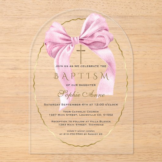 Waterverf Roze Strik Meisje Doop Transparant Acryl Uitnodigingen (Voorkant)