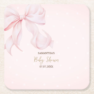 Waterverf Roze Strik Roze Stippen Baby Shower Vierkante Kartonnen Onderzetter