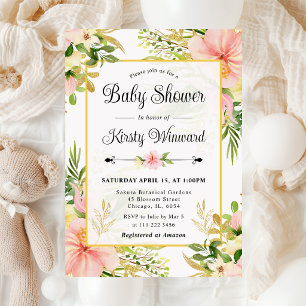 Waterverf Roze Tropische Bloemen Baby Shower Kaart