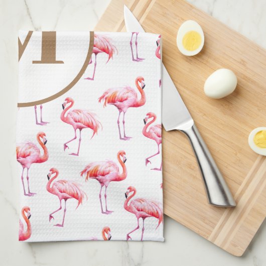 Waterverf Roze Tropische Flamingo Aangepaste Monog Theedoek (Quarter Fold)