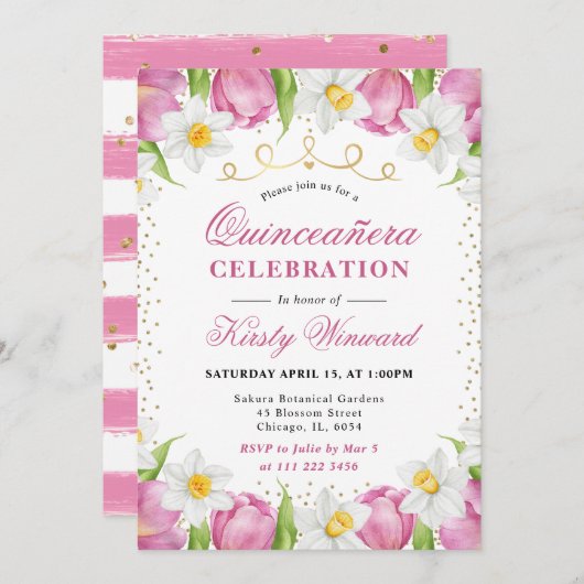Waterverf Roze Tulpen en narcissen Quinceanera Kaart (Voorkant / Achterkant)