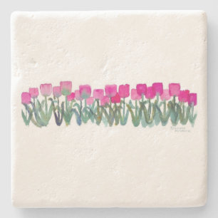 Waterverf Roze Tulpen Kalksteen Onderzetter