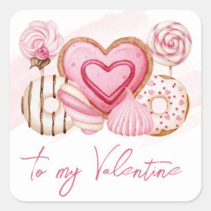 Waterverf Roze Valentijnskoekjes en Snoepjes Vierkante Sticker