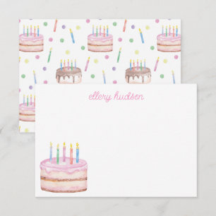 Waterverf roze verjaardagstaart gepersonaliseerd bedankkaart