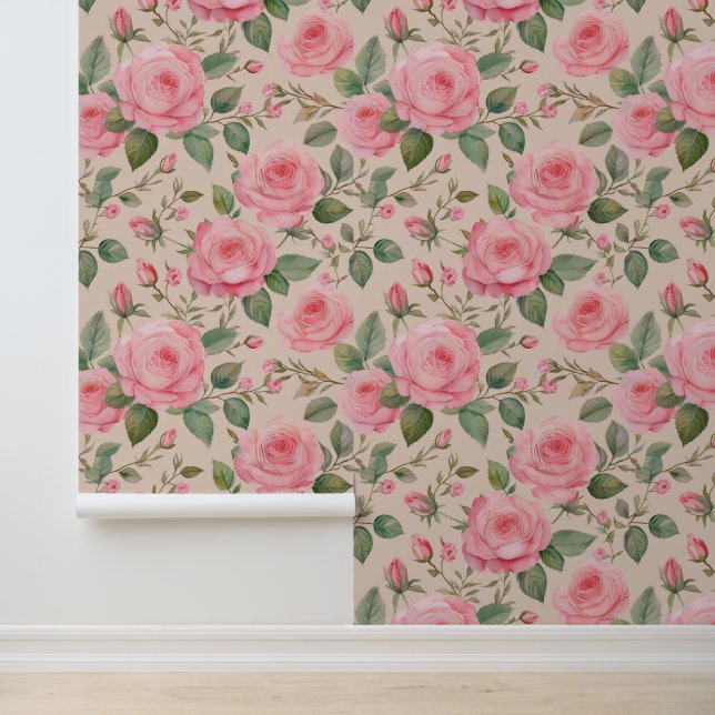 Waterverf Roze Victoriaans Rozen Greenery on Cream Behang (Applicatie)