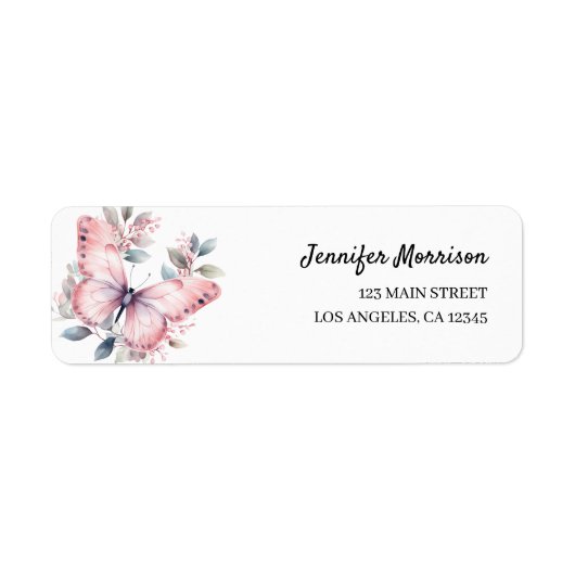 Waterverf Roze Vlinder Verjaardagsadreslabel Etiket (Voorkant)