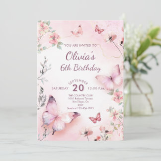 Waterverf Roze Vlinders Bloemen Meisje Verjaardag Kaart