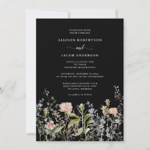 Waterverf Roze Wilde Floral Black Wedding Kaart