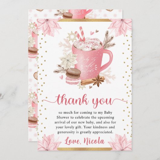 Waterverf Roze Winterkoekjes en cacaoBaby shower Bedankkaart (Voorkant / Achterkant)