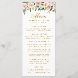 Waterverf Roze Wit Bloemen Bruiloft Goud Menu