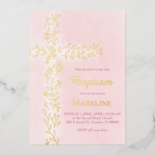 waterverf roze wit gouden kruis Doop Folie Uitnodiging (Voorkant)