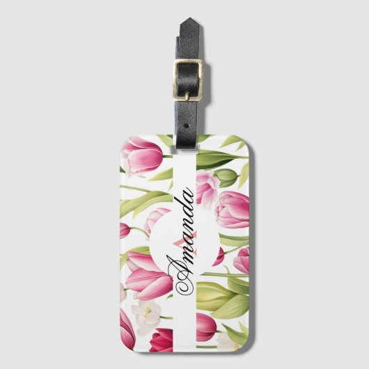 Waterverf Roze & Wit Monogram Tulpenpatroon Bagagelabel (Voorkant (verticaal))