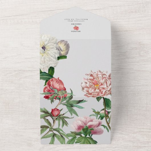 Waterverf Roze Wit Pioenrozen Bloemen Bruiloft All In One Uitnodiging (Buitenkant)