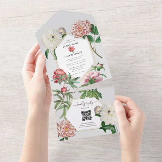 Waterverf Roze Wit Pioenrozen Bloemen Bruiloft All In One Uitnodiging (Afscheurbaar)