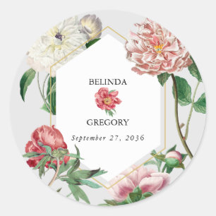 Waterverf Roze Wit Pioenrozen Bloemen Bruiloft Ronde Sticker