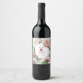 Waterverf Roze Wit Pioenrozen Bloemen Bruiloft Wijn Etiket (Voorkant)
