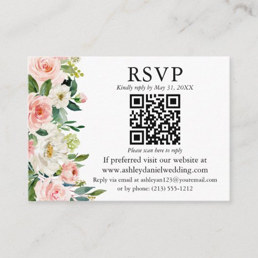 Waterverf Roze witte bloedvaten QR RSVP bruiloft Informatiekaartje (Voorkant)